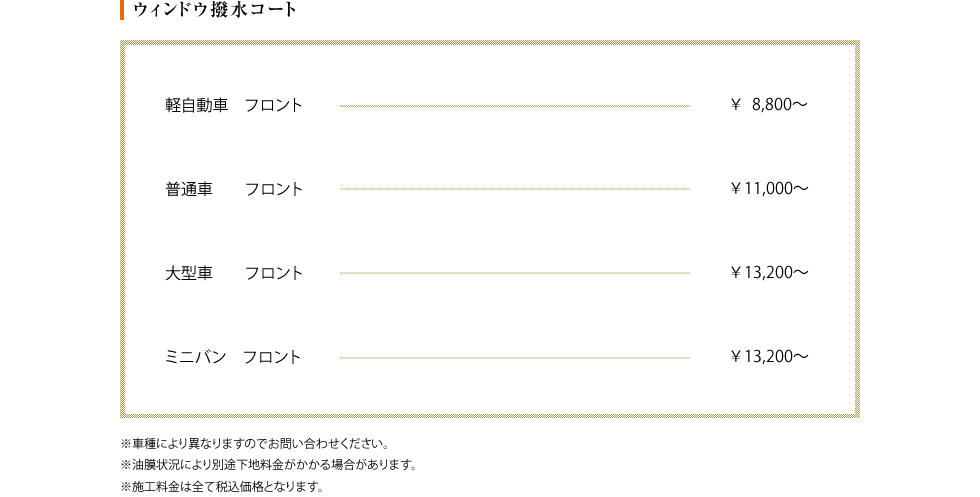 ウィンドウ撥水コート施工料金